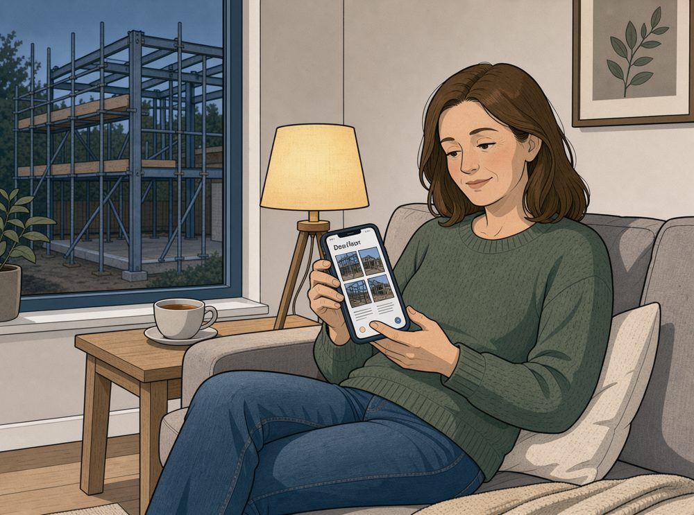 Tegning: boligejeren læser dagens rapport med billeder på sin telefon i sofaen