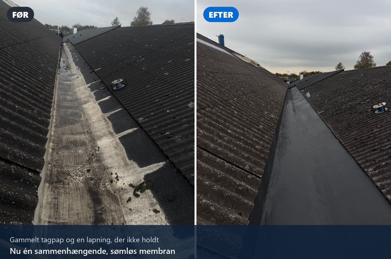 Før og efter: en skotrende mellem to tagflader. Før med gammelt tagpap og rester af en lapning, efter med en sammenhængende, sømløs grå membran.