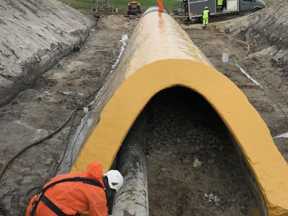 Ringsted–Femern-banen – underføring ved Vognbækken fugtisoleret med gul Eliminator-membran, 2020