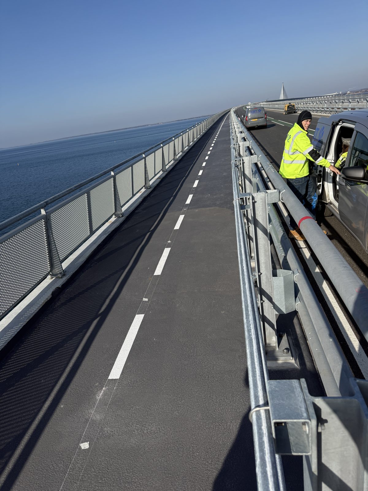 Finished grey Decseal surfacing on the Storstrøm Bridge cycle path